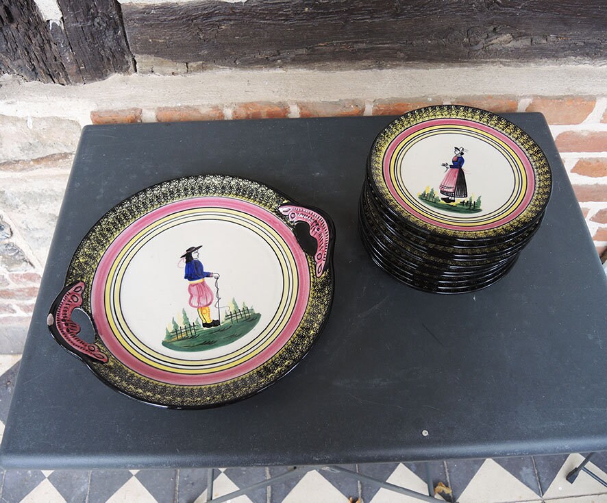 Antique Français Henriot Quimper Assiette à Dessert en Céramique | 13 Pcs
