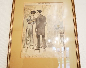 Antique French Framed Engraving: La Paix Du Ménage (Drawing By Henriot)