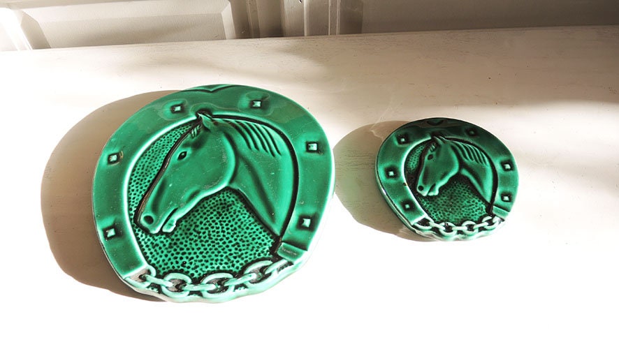 2 Antique French Vallauris Earthenware Horse Trivets