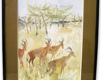 Antique French Watercolor Painting: 4 GAZELLES