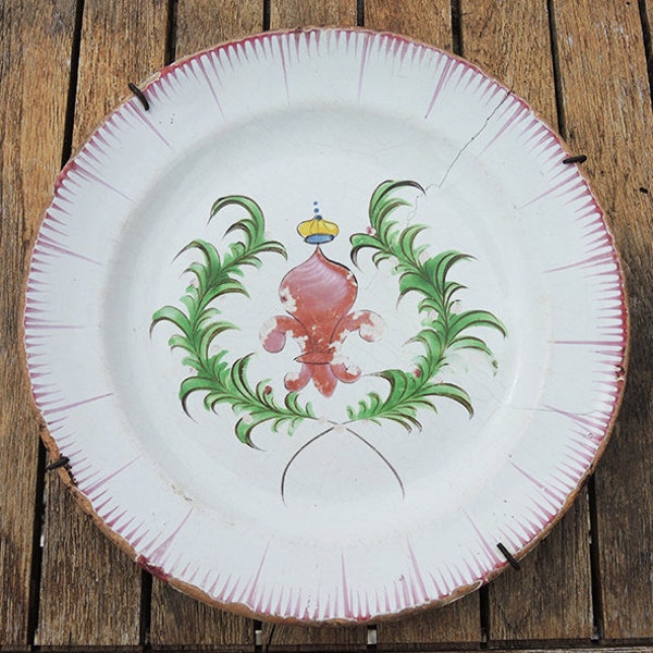 Antique French Earthenware Plate with Wall Support : Fleur de Lys Motif