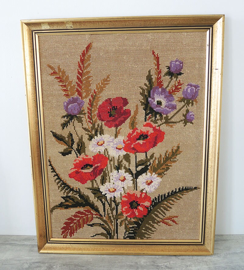 Tapisserie/Toile à Aiguilles de Français Antique Fleurs Sauvages