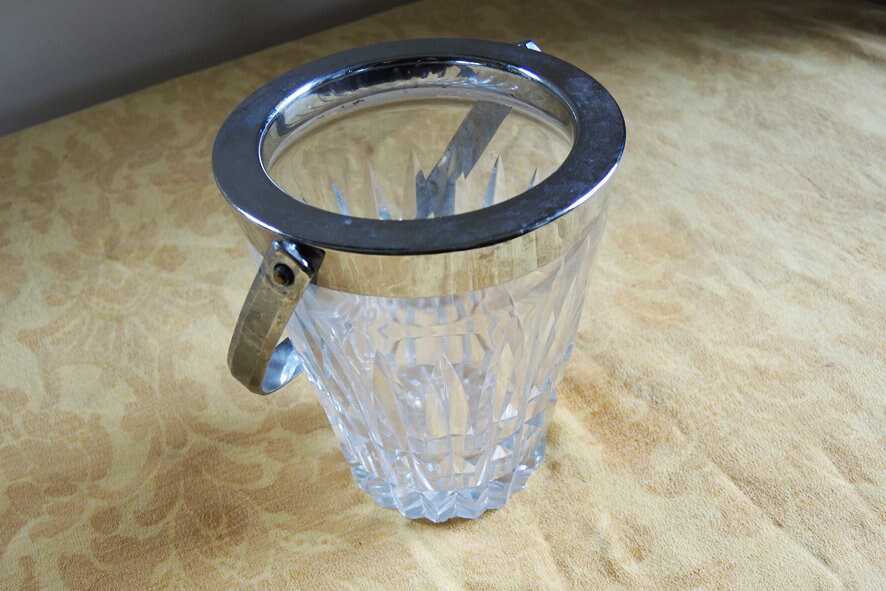 Antique French Ice Bucket in Cut Glass & Stainless Steel