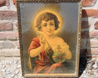 Antique French Framed Polychrome Lithograph : Salvatore Mundi