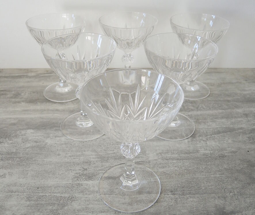 6 Antique French I.m.c.o. Engraved Crystal Champagne Glasses