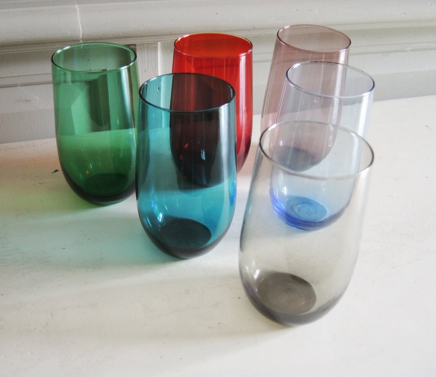 6 Antique French Orangeade/Soda Glasses in Colored Glass