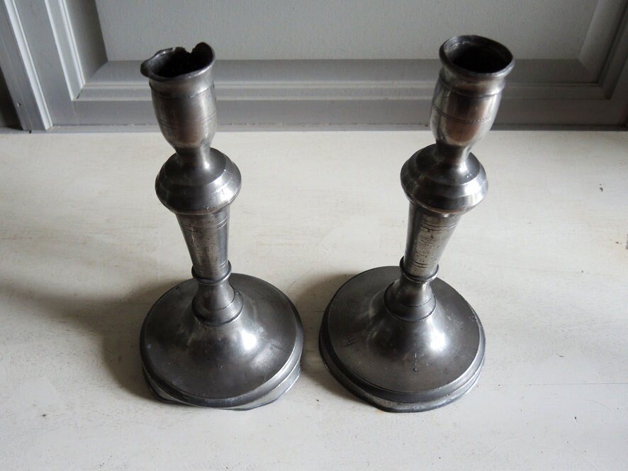 2 Chandeliers Antiques Français Étain Conique H 23 cm