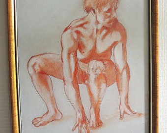 Framed And Signed Sanguine Sketch On Wood By Henri Merlet : Crouching Naked Man