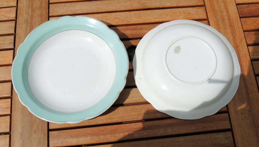 Large Antique French Mint Green, Gold K & G Ceramic Bowl