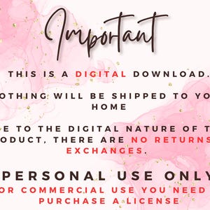 K&ouml;nnte beinhalten: Ank&uuml;ndigung f&uuml;r einen digitalen Download mit dem Wort "Wichtig" in Schreibschrift. Der Text, vor einem rosa Aquarellhintergrund, weist darauf hin, dass es sich um ein digitales Produkt ohne R&uuml;ckgabe handelt. Nur f&uuml;r den pers&ouml;nlichen Gebrauch.