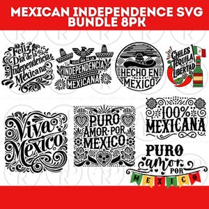 Könnte beinhalten: Ein Set mit acht Schwarzweiß-SVG-Designs zu mexikanischen Unabhängigkeitstag-Themen. Die Designs beinhalten Sätze wie "Feliz Dia de la Independencia Mexicana", "Viva Mexico", "Puro Amor por Mexico" und "Hecho en Mexico".