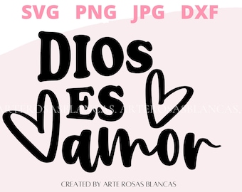 May include: Black and white graphic design with the text "Dios es amor" in a bold, handwritten font. A heart shape is drawn next to the text.