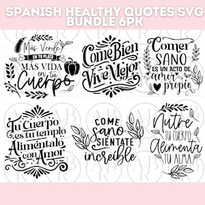 Könnte beinhalten: Sechs schwarz-weiße SVG-Dateien mit spanischem Text, der ein gesundes Leben fördert. Der Text enthält Sätze wie "Come Bien Vive Mejor" und "Más Verde en tu Plato".