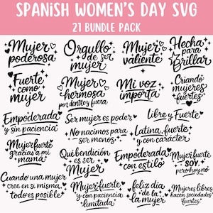 以下が含まれることがあります： スペインの女性の日のためのデジタルデザインバンドル。21個のSVGファイルがあり、エレガントなスクリプトでインスピレーションを与えるフレーズが特徴です。「強い」、「美しい」、「エンパワーされた」などの言葉が含まれており、クラフトプロジェクトに最適です。