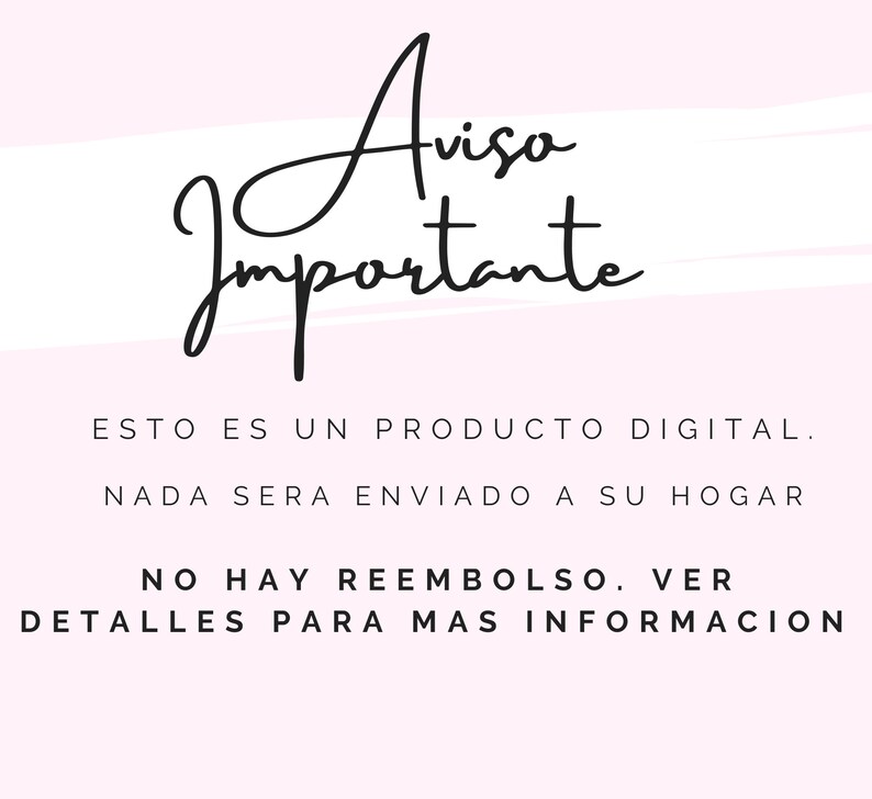 Puede incluir: Un fondo rosa con rayas blancas y texto negro que dice "Avisa Importante" en una fuente cursiva. El texto debajo dice "ESTO ES UN PRODUCTO DIGITAL. NADA SERA ENVIADO A SU HOGAR NO HAY REEMBOLSO. VER DETALLES PARA MAS INFORMACION"