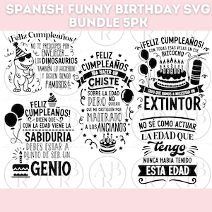 Puede incluir: Cinco diseños SVG en blanco y negro con texto en español celebrando cumpleaños. Los diseños presentan un dinosaurio, una magdalena, un pastel de cumpleaños, un extintor y un pastel de cumpleaños con velas. El texto incluye frases como "¡Feliz Cumpleaños!" y "No sé cómo actuar la edad que tengo".