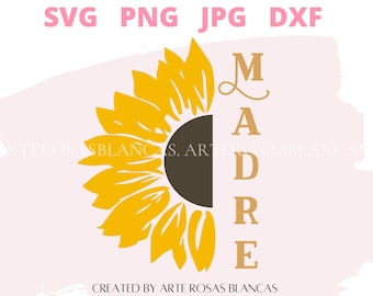 May include: A yellow sunflower with a brown center. The word "MADRE" is written vertically to the right of the sunflower in a brown font.