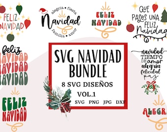 May include: A digital download bundle of 8 SVG designs for Christmas. The designs feature the Spanish words "Feliz Navidad" in various styles and colors. The bundle also includes the words "Navidad Tiempo de Amor" and "Alegria".