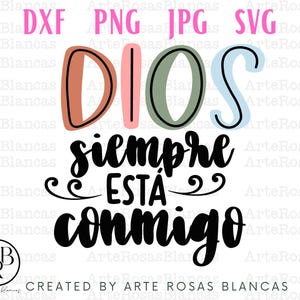 Könnte beinhalten: Ein farbenfrohes Grafikdesign mit dem Text "DIOS siempre ESTA conmigo" in schwarzen Buchstaben. Das Wort "DIOS" ist in großen, bunten Buchstaben mit schwarzem Umriss.