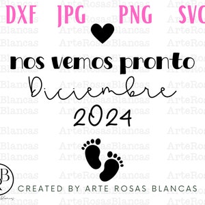 Puede incluir: Diseño gráfico en blanco y negro con el texto "nos vemos pronto Diciembre 2024", un corazón y huellas. El texto "CREATED BY ARTE ROSAS BLANCAS" está en la parte inferior del diseño.
