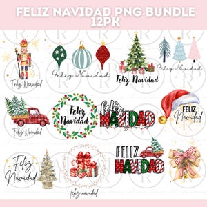Peut inclure: Un ensemble de 12 images numériques de clipart de Noël avec différents motifs festifs, notamment un sapin de Noël, un camion avec un sapin de Noël, une couronne avec les mots "Feliz Navidad", un bonnet de Père Noël et un nœud avec des cloches. Les images sont parfaites pour créer des objets artisanaux, des cartes et des décorations de Noël.