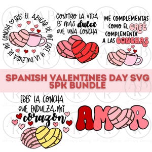 May include: A set of five Valentine's Day SVG files featuring illustrations of Mexican sweet bread, known as conchas, with Spanish text. The text includes phrases like "Eres la concha que endulza mi corazón" and "Contigo la vida es más dulce que una concha".