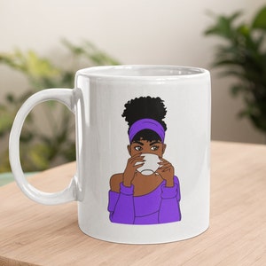 Black Woman with Coffee Mug, Black Girl sipping tea, Woman with Coffee Mug, Black Girl Mug, Afro woman, African American