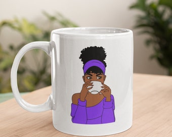 Black Woman Sipping Tea Mug, Afro Girl Art, 14oz Stoneware