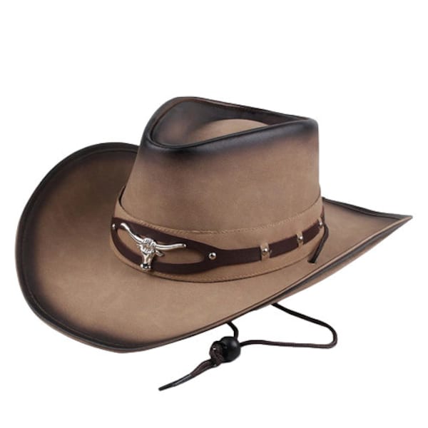 Western Cowboy Hats Women Men With Rope Wide Brim Fedora Hat Metal Bull Head Decoration Genuine Leather Jazz Riding Hats For Men