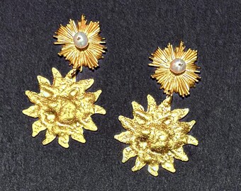 Soleil | Sun Earrings | Hammered Brass & Pearl Dangle Earrings | Celestial Boho Jewelry | Handmade Artisan Jewelry