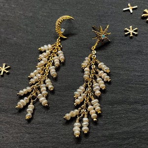 Celestia - Opal and Pearl Celestial Earrings, Moon and Star Jewelry, Sky Gems, Dainty Pearl Sky Trail, Elegant Statement, Opalite Jewel