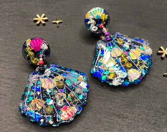 Midnight Beach Seashell Resin Earrings, Neon Sequins and Glitter Resin Earrings, Unicorn Colored Seashells Earrings, Statement Earrings