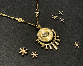 Horus - "Mystique" Sun and Moon Pendant Necklace, Evil Eye Rhinestone Chain Necklace, Sun and Star Chain, Mystic Jewels, Egyptian Gift