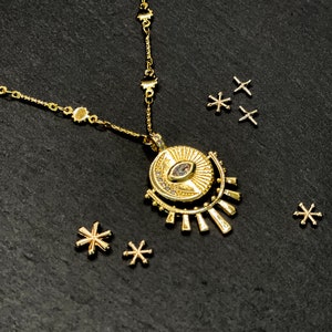 Horus - "Mystique" Sun and Moon Pendant Necklace, Evil Eye Rhinestone Chain Necklace, Sun and Star Chain, Mystic Jewels, Egyptian Gift