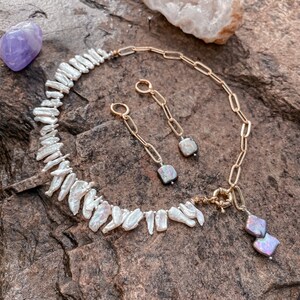 High Luster Freshwater White Pearl and Paperclip Chain Necklace, Two-Tone Necklace, Pearls and Chain Choker and Earrings Set, Gift