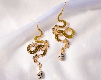 Serpiente "Mystique" Earrings - Dalmatian Jasper Metal Woven Earrings, Raw Brass and Gold Filled Snake Jewelry, Serpent Themed Jewels, Boho