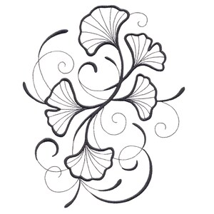 May include: A dark gray machine embroidery design featuring a central stem with five ginkgo biloba leaves and delicate, flowing decorative swirls extending outward. The pattern is composed of clean, continuous lines and defined leaf veins.