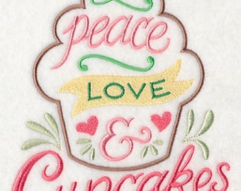 Peace Love and Cupcakes Embroidered Towel Flour Sack Towel Kitchen Towel Hand Towel Tea Towel Dish Towel Bakers Gift Terry Hand Towel