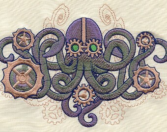 STEAMPUNK OCTOPUS SET OF 2 HAND TOWEL EMBROIDERED UNIQUE RARE FIND by laura 