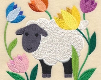 Sheep in Tulips Embroidered Towel Flour Sack Towel Kitchen Towel Hand Towel Tea Towel Dish Towel Sheep Embroidery Waffle Terry Hand Towel