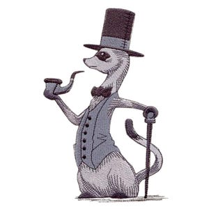 May include: Embroidered design of a meerkat gentleman wearing a top hat, vest, and bow tie, holding a pipe and cane. The meerkat is in shades of gray and blue, with detailed stitching on a white background.