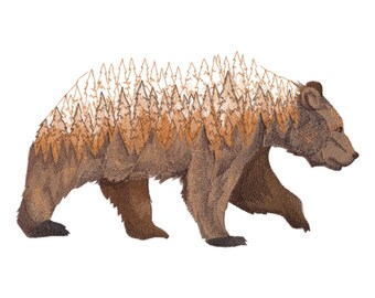 May include: An embroidered patch of a walking bear in shades of brown. The upper portion of the bear's body features a detailed landscape of evergreen trees in light tan and orange thread, blending into the solid brown fur of the lower body.