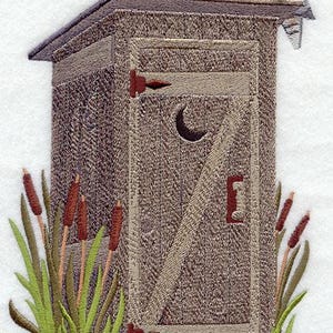 May include: Embroidered image of a rustic outhouse with an owl perched on the roof. The outhouse is brown with a crescent moon cutout on the door. Cattails and a frog are at the base of the outhouse.