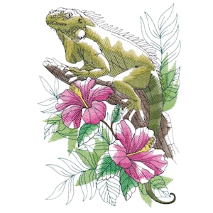 May include: An embroidered design featuring a green iguana perched on a brown textured branch. The iguana is surrounded by two large pink hibiscus flowers with yellow centers and green leaves, rendered in a detailed thread-stitched style.