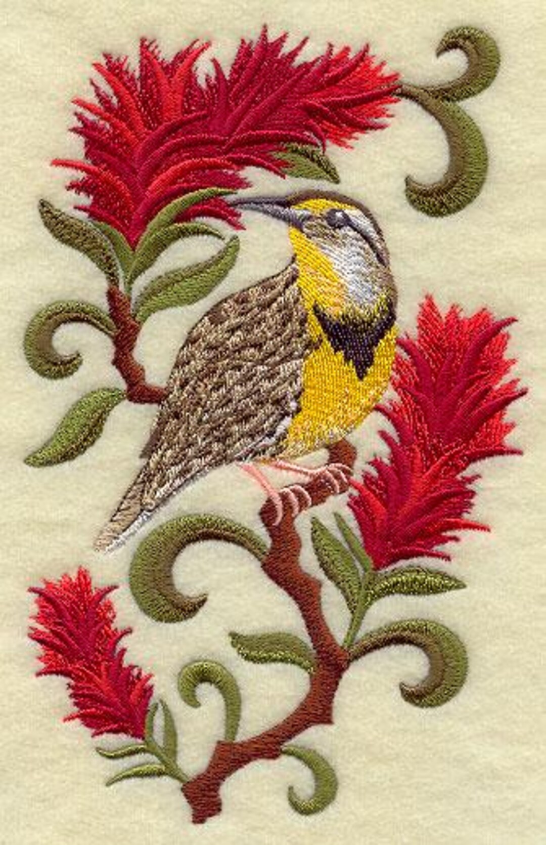 Wyoming State Bird Western Meadowlark and Indian Paintbrush Embroidered
