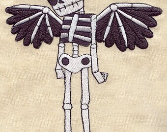 Winged Skeleton Embroidered Towel Flour Sack Towel Kitchen Towel Hand Towel  Dish Towel Goth Towel Skeleton Embroidery decorative towel