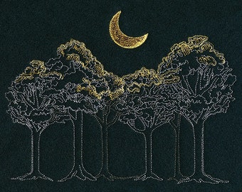 Moonlit Forest Scene Embroidered Towel Flour Sack Towel Kitchen Towel Hand Towel Tea Towel Dish Towel Nature Embroidery