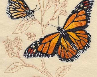 Monarch Butterfly on Delicate Leaf Embroidered Towel Flour Sack Towel Kitchen Towel Hand Towel Tea Towel Dish Towel Butterfly Embroidery