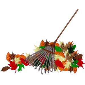 May include: An embroidered design featuring a rake and a pile of colorful autumn leaves. The leaves are in shades of red, orange, green, and brown. The rake has a brown handle and gray tines, suggesting a fall or harvest theme.