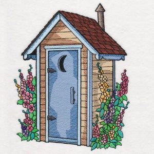 May include: Embroidered image of a small wooden outhouse with a red roof, blue door, and a crescent moon. Colorful flowers in pink, yellow, and purple surround the structure, creating a whimsical garden theme.